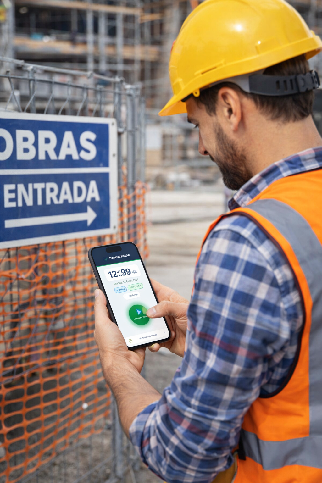 Registro horario en construcción - obrero fichando en obra